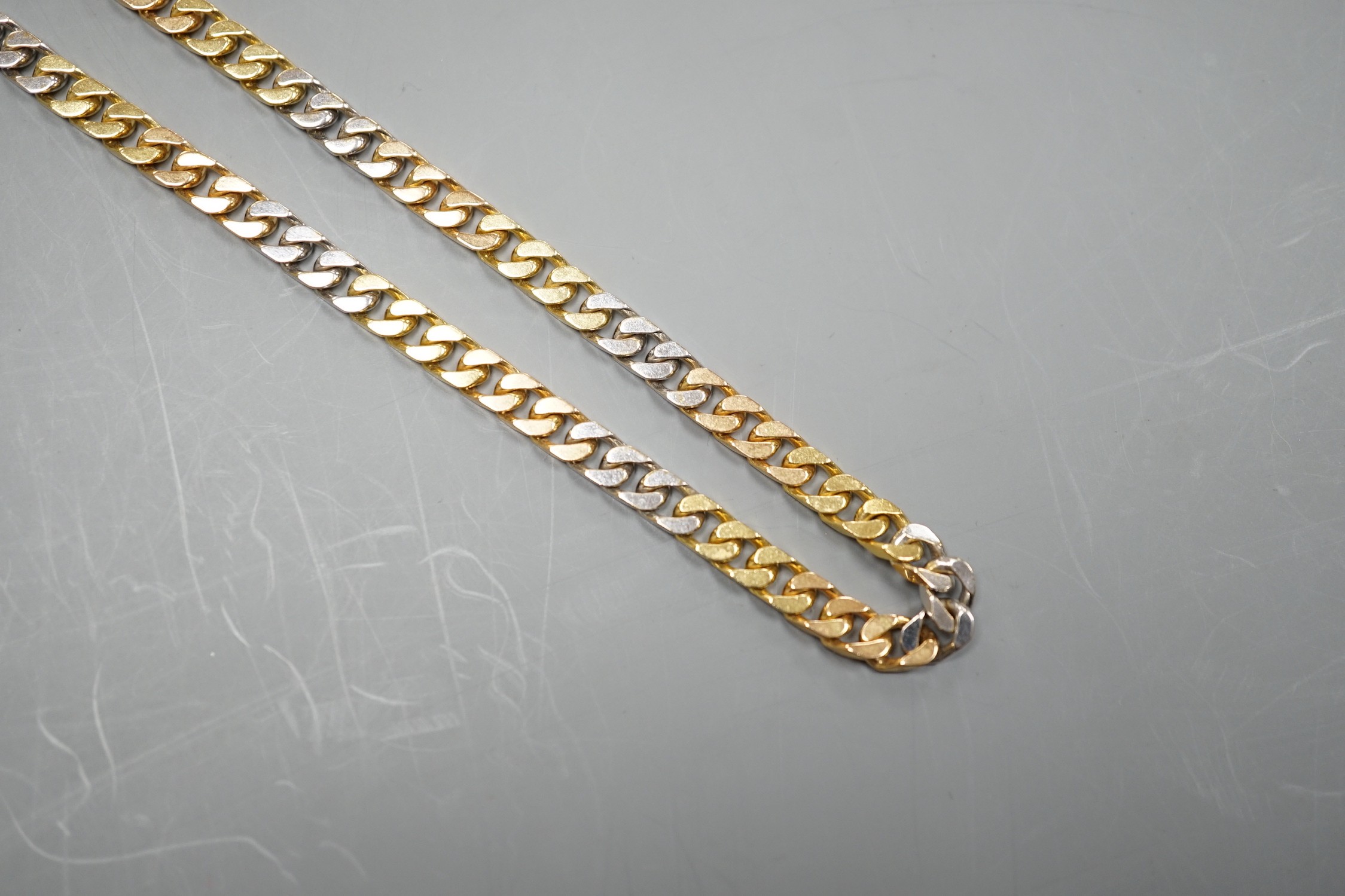 A modern three colour 18ct gold curb link chain, 39cm, 28.8 grams.